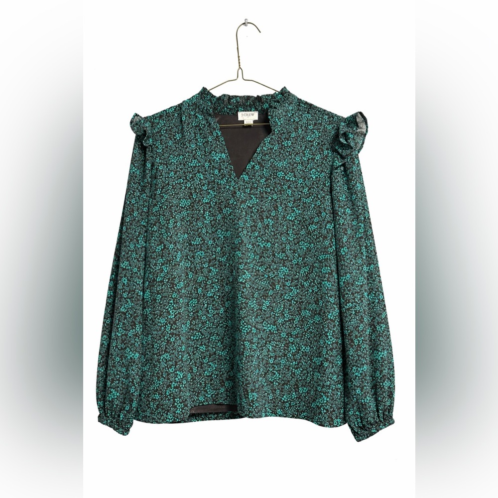 J. Crew Teal Floral Long Sleeve Ruffle Shoulder Top